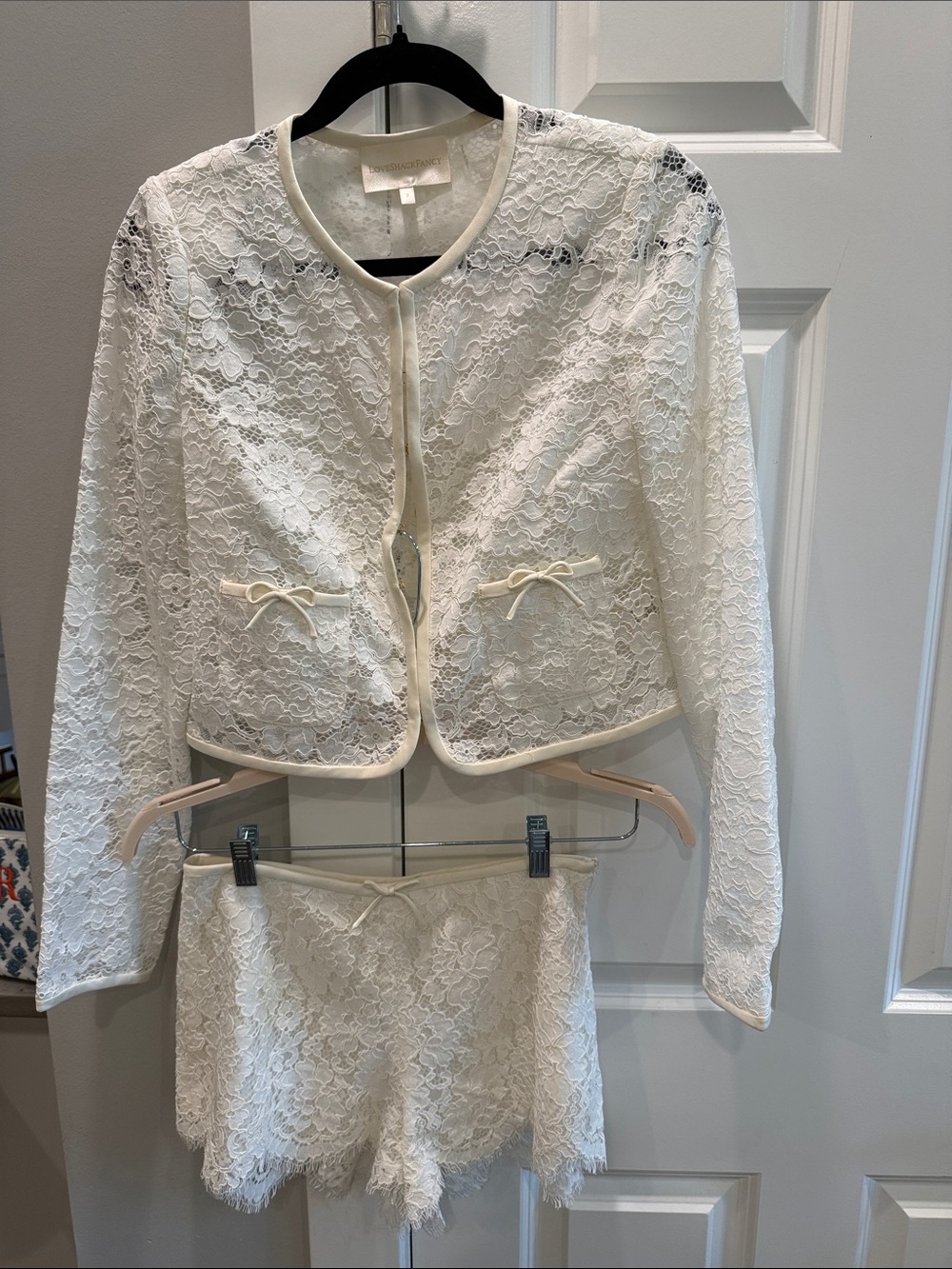 LoveShackFancy Cream Lace Cropped Blazer & Shorts Set